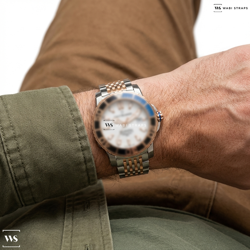 Rose Gold/Silver 15-Row Rice Beads Metal Watch Bracelet on Carl F Bucherer Patravi Scubarec 44.6mm Mens Watch 00.10632.24.23.01
