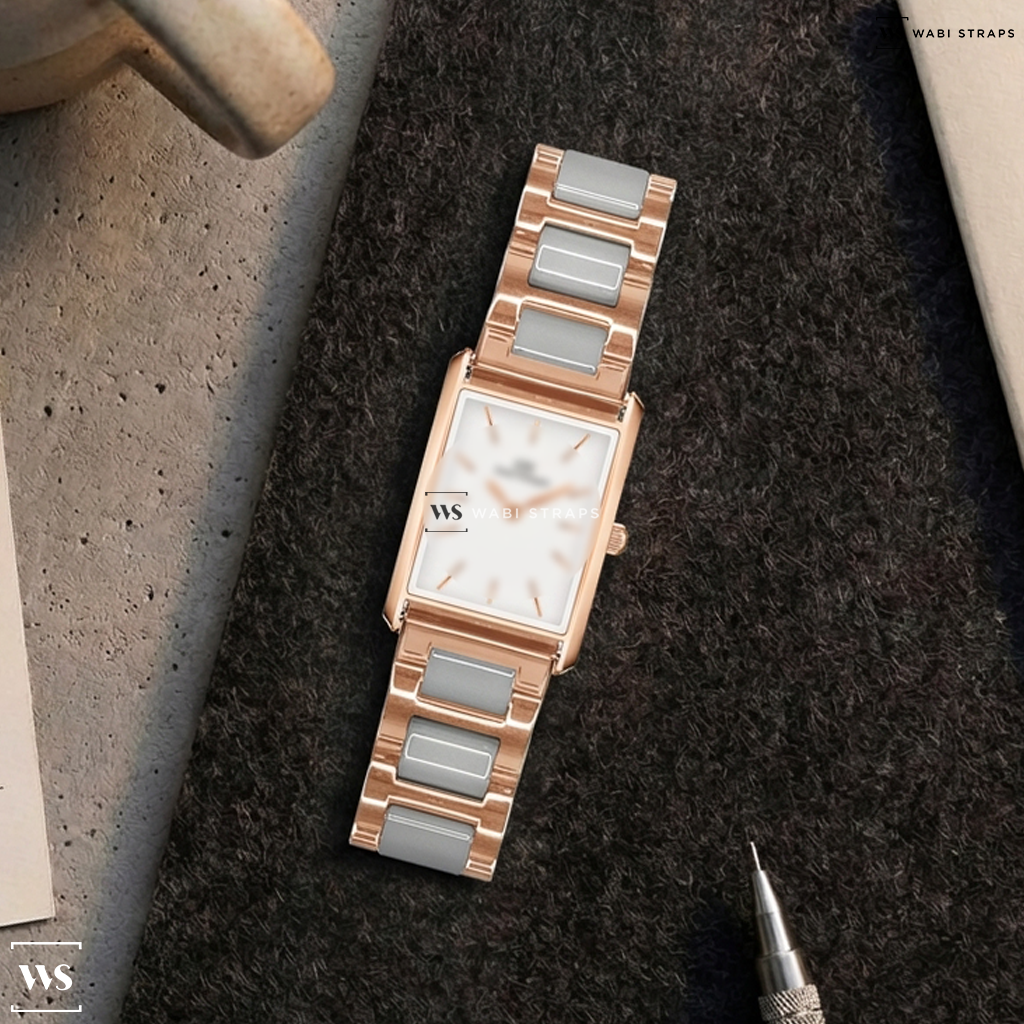 White H-Link Metal Watch Bracelet on Daniel Wellington Bound Rose Gold
