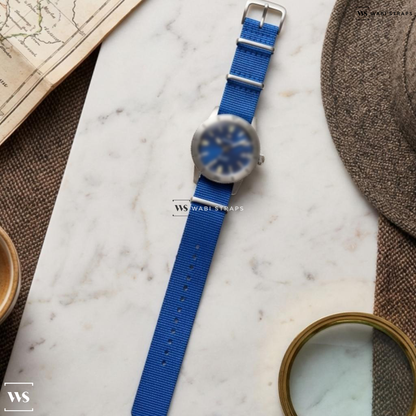 Blue Bright Solid Plain Nylon Watch Strap on Zodiac Seawolf Vintage Blue Dial