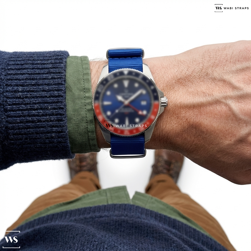 Blue Bright Solid Plain Nylon Watch Strap on Certina DS Action GMT Powermatic 80