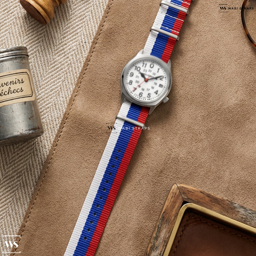 Blue/Red/White 3 Stripes Nylon Watch Strap on Accutron Legacy Railroad Automatic