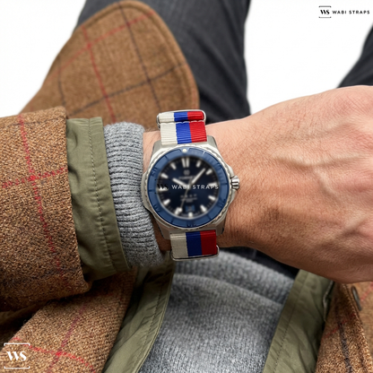 Blue/Red/White 3 Stripes Nylon Watch Strap on Formex REEF Automatic Chronometer 300m Blue Steel
