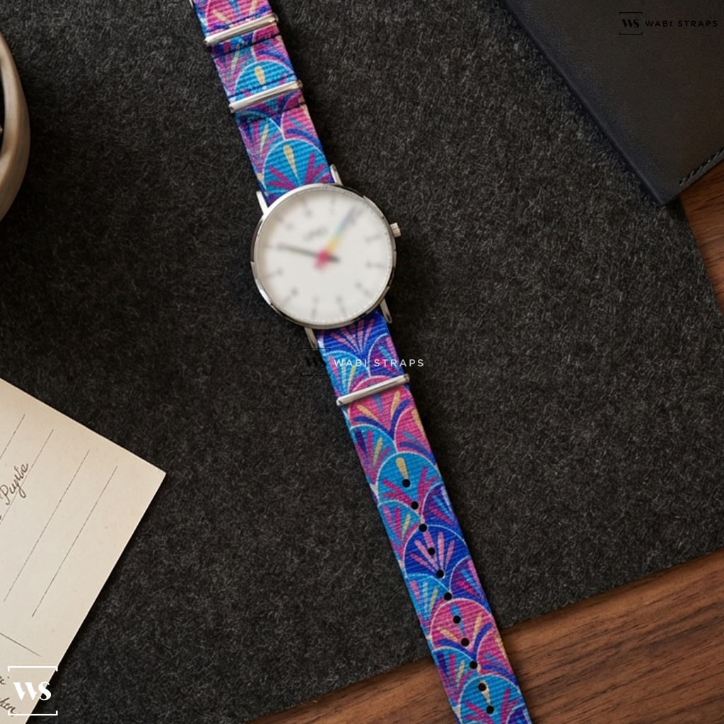 Blue/Pink Graphic Print Nylon Watch Strap on BOTTA UNO Quartz 40mm