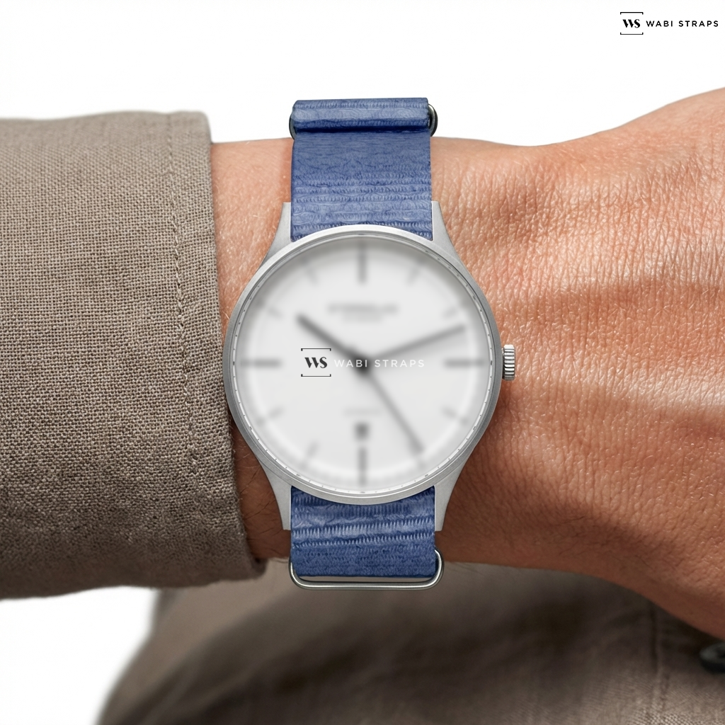 Blue/White Graphic Print Nylon Watch Strap on Sternglas ASTHET