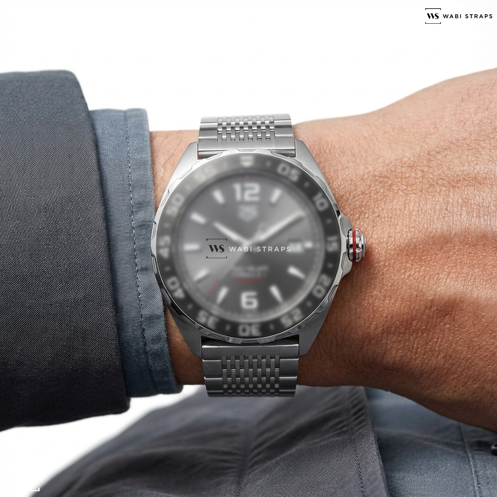 Silver 15-Row Rice Beads Metal Watch Bracelet on TAG Heuer Formula 1 Calibre 5 Automatic Date 43mm Mens Watch WAZ2011.BA0842
