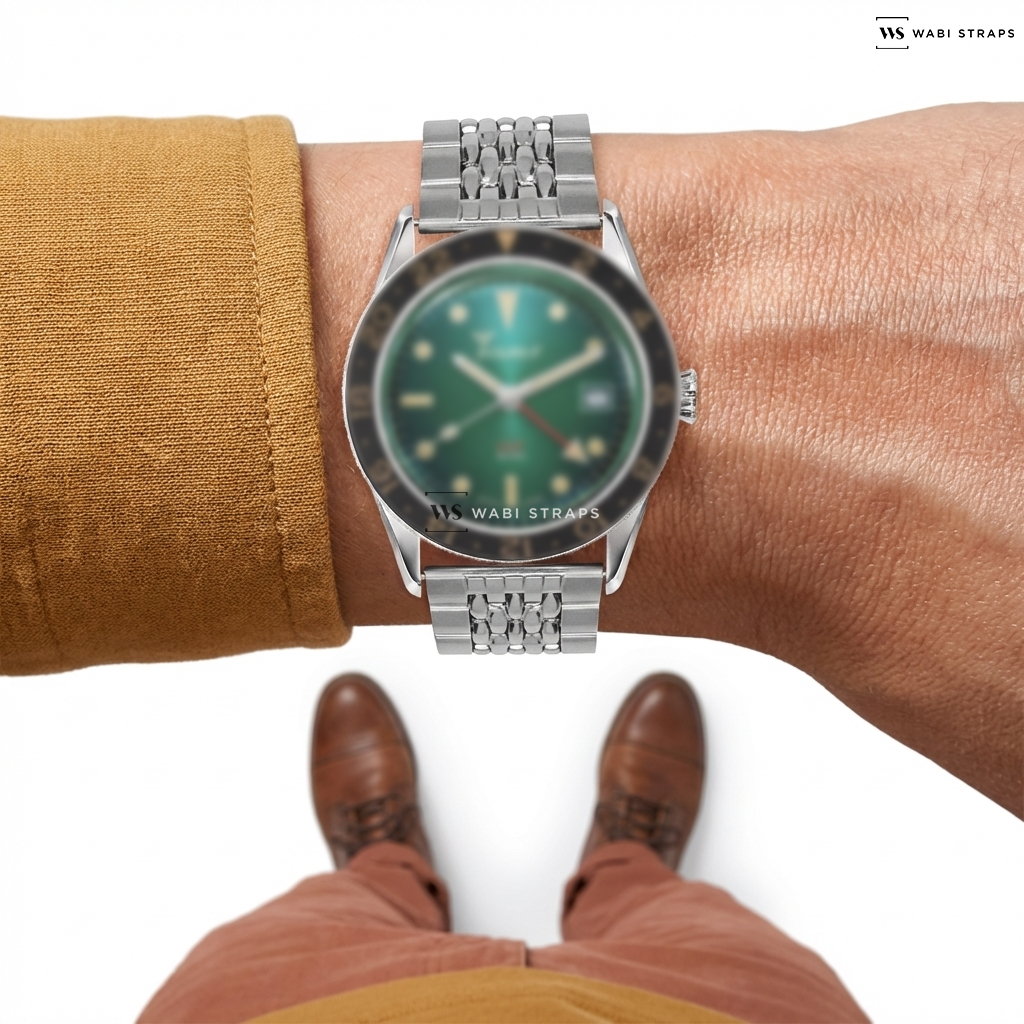 Silver 5-Row Rice Beads Metal Watch Bracelet on Squale Sub-39 GMT Vintage Green Bracelet