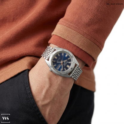 Silver Coffin Bead Metal Watch Bracelet on Seiko 5 SNXS Series Automatic Watch with Blue Dial #SRPK87