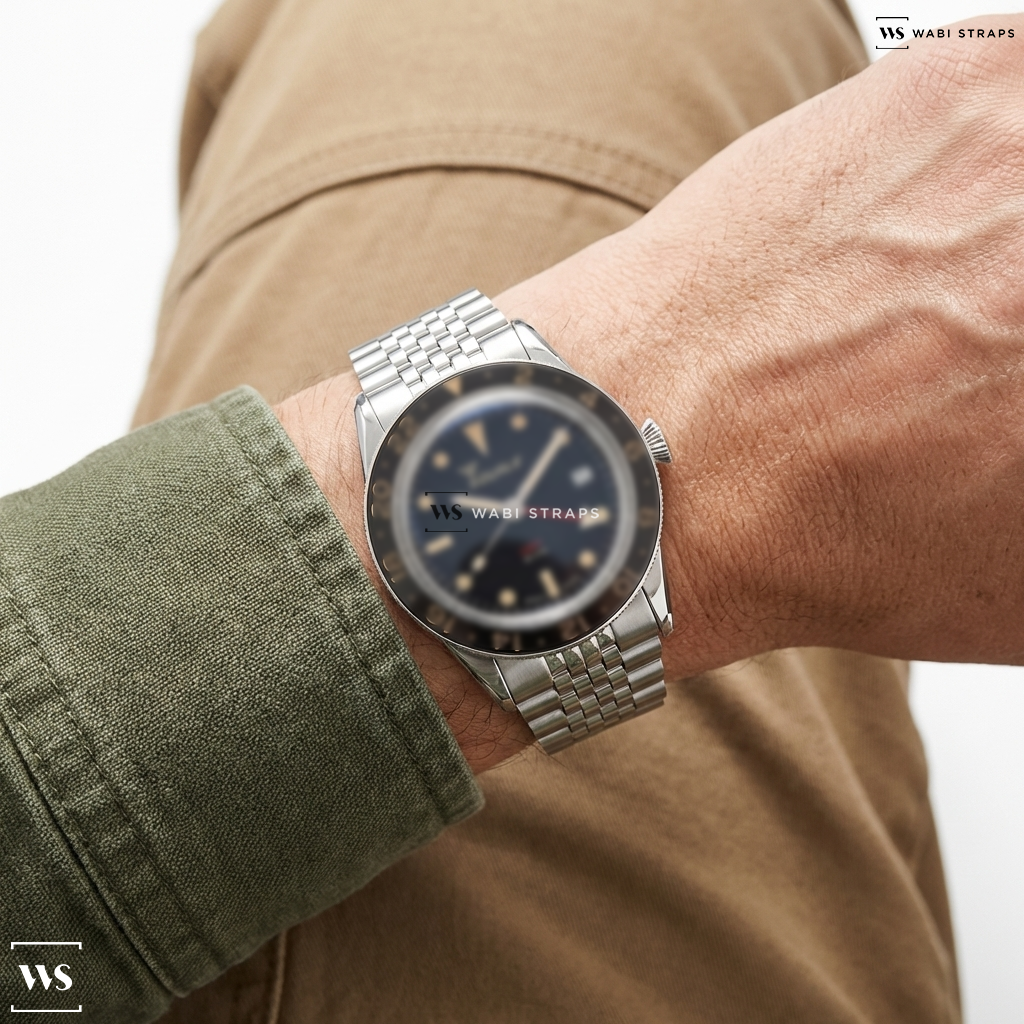 Silver 9-Row Rice Beads Metal Watch Bracelet on Squale Sub-39 GMT Vintage Black Leather