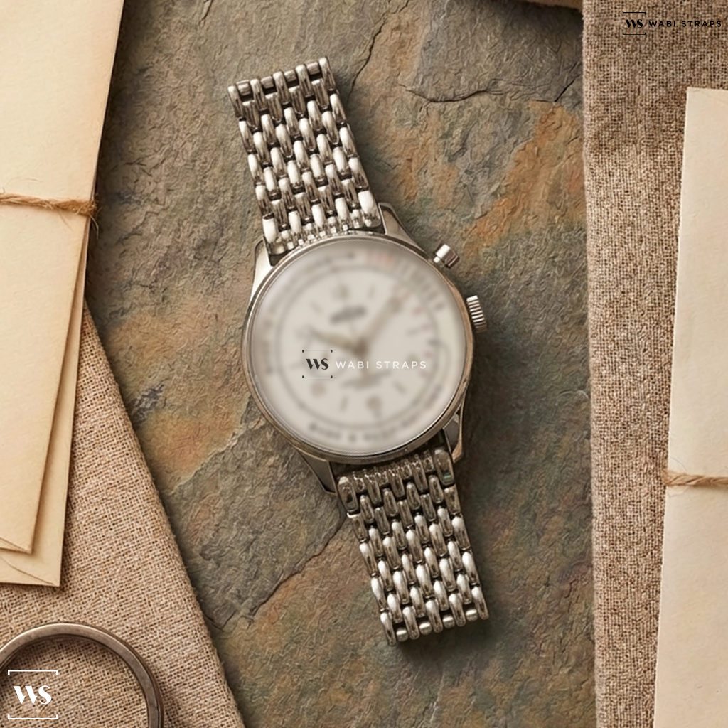 Silver 9-Row Textured Metal Watch Bracelet on Angelus Chronographe Medical X Massena Lab Limited Edition Mens Watch White 0CHAS.A01A.V010S