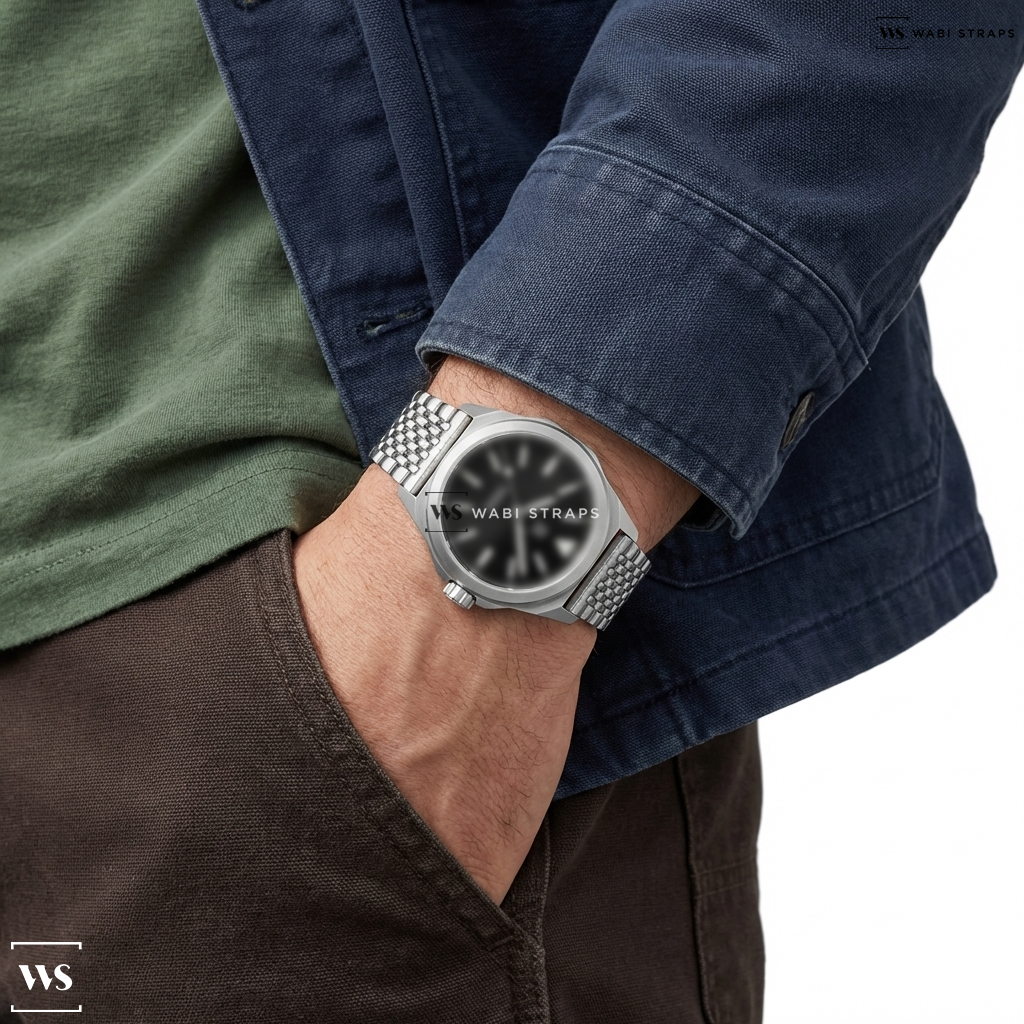Silver 9-Row Textured Metal Watch Bracelet on RZE RESOLUTE Pro - Jet Black Enamel