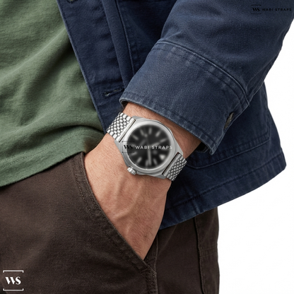 Silver 9-Row Textured Metal Watch Bracelet on RZE RESOLUTE Pro - Jet Black Enamel