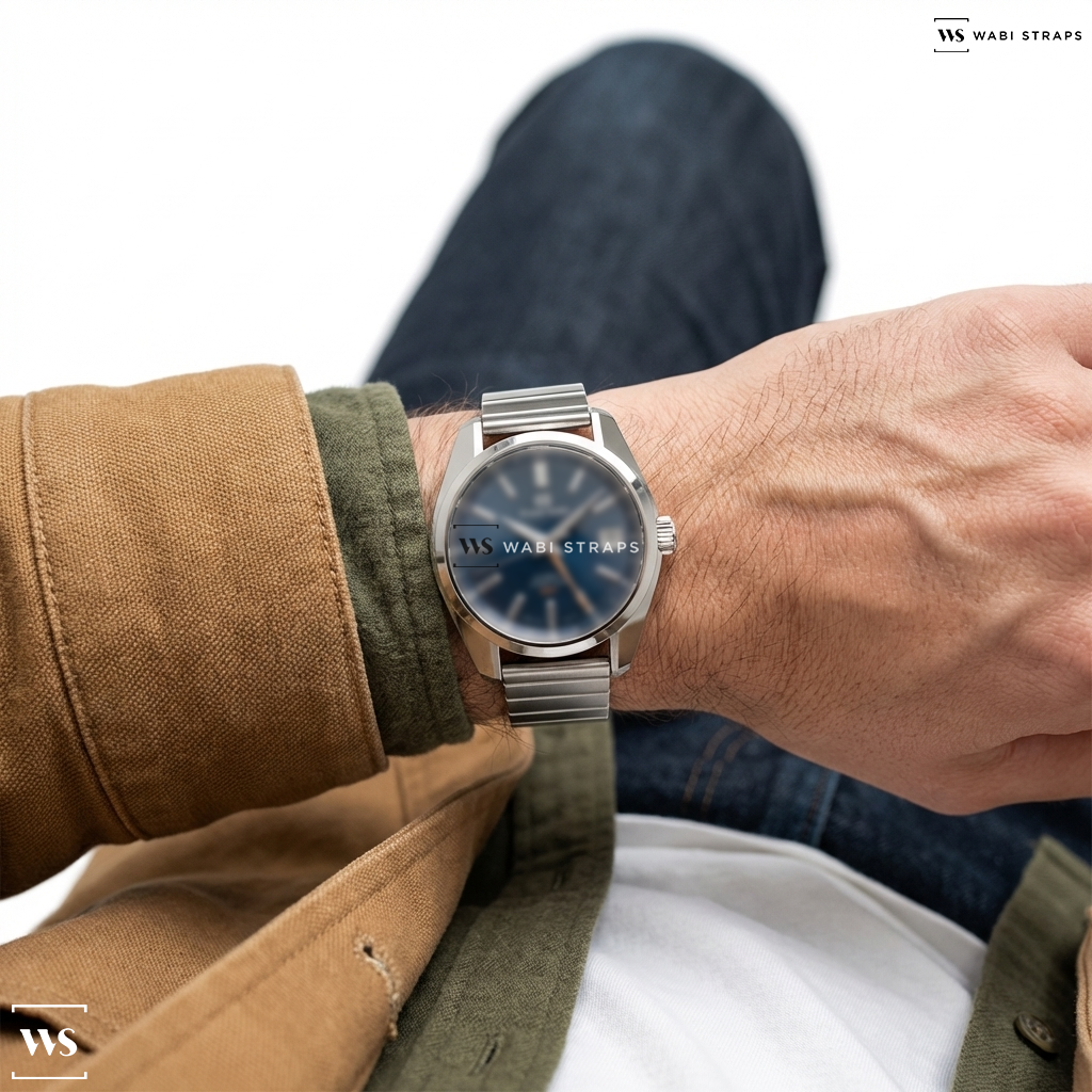 Silver Single Link Metal Watch Bracelet on Grand Seiko 'Moonlight Mount Iwate' 44GS Hi-Beat GMT 40mm Mens Watch SBGJ267