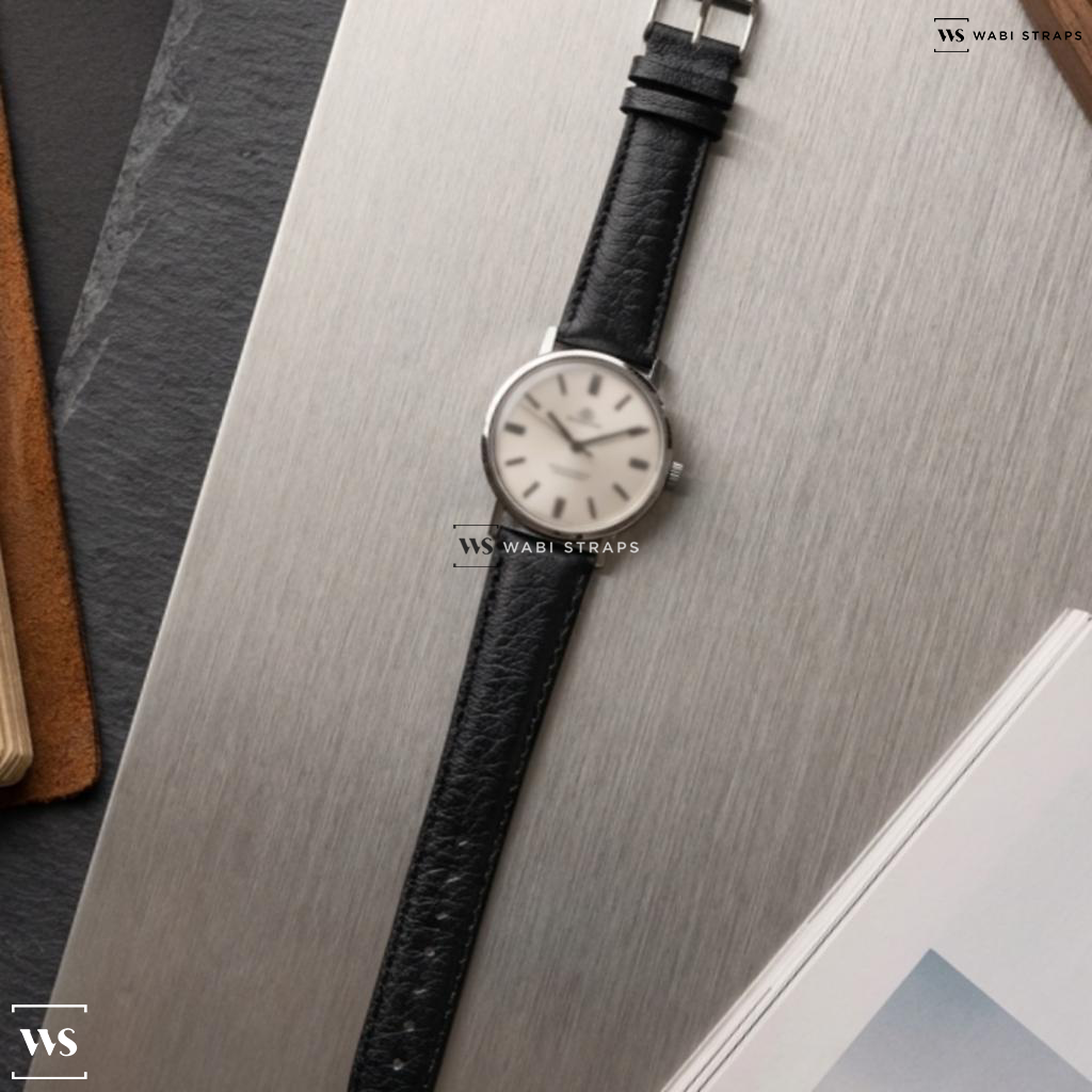 Black/Silver Smooth Contrast Stitch Leather Watch Strap on Bucherer Dress Watch