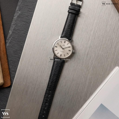 Black/Silver Smooth Contrast Stitch Leather Watch Strap on Bucherer Dress Watch