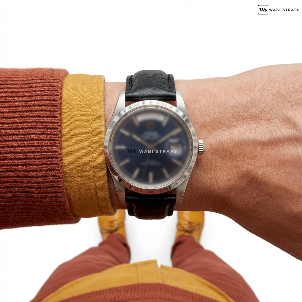 Black/Silver Smooth Contrast Stitch Leather Watch Strap on Tudor Oyster Prince Day Date 7019
