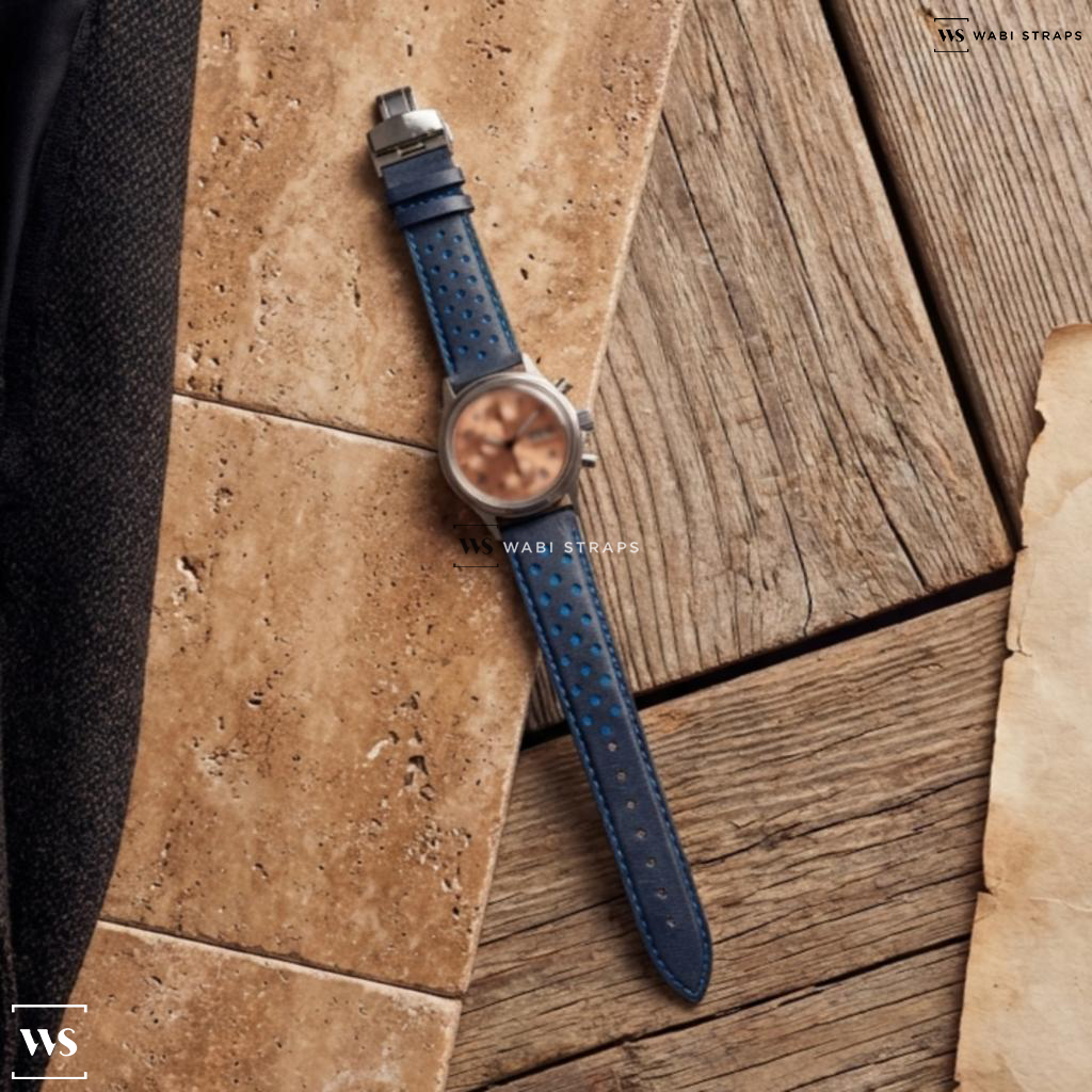 Black/Blue/Silver Contrast Holes Leather Watch Strap on Sinn Flieger Salmon Dial