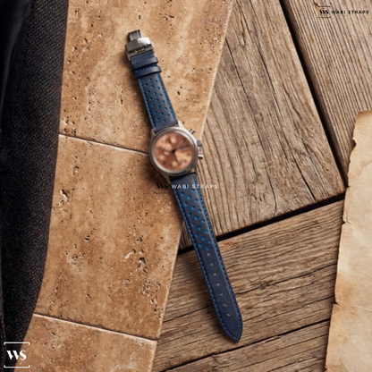 Black/Blue/Silver Contrast Holes Leather Watch Strap on Sinn Flieger Salmon Dial