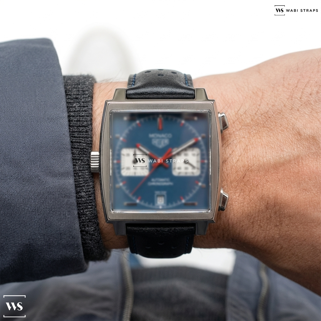 Black/Blue/Silver Contrast Holes Leather Watch Strap on Heuer Monaco Blue Chronograph