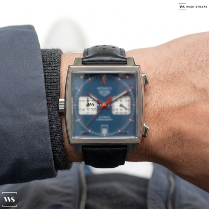 Black/Blue/Silver Contrast Holes Leather Watch Strap on Heuer Monaco Blue Chronograph
