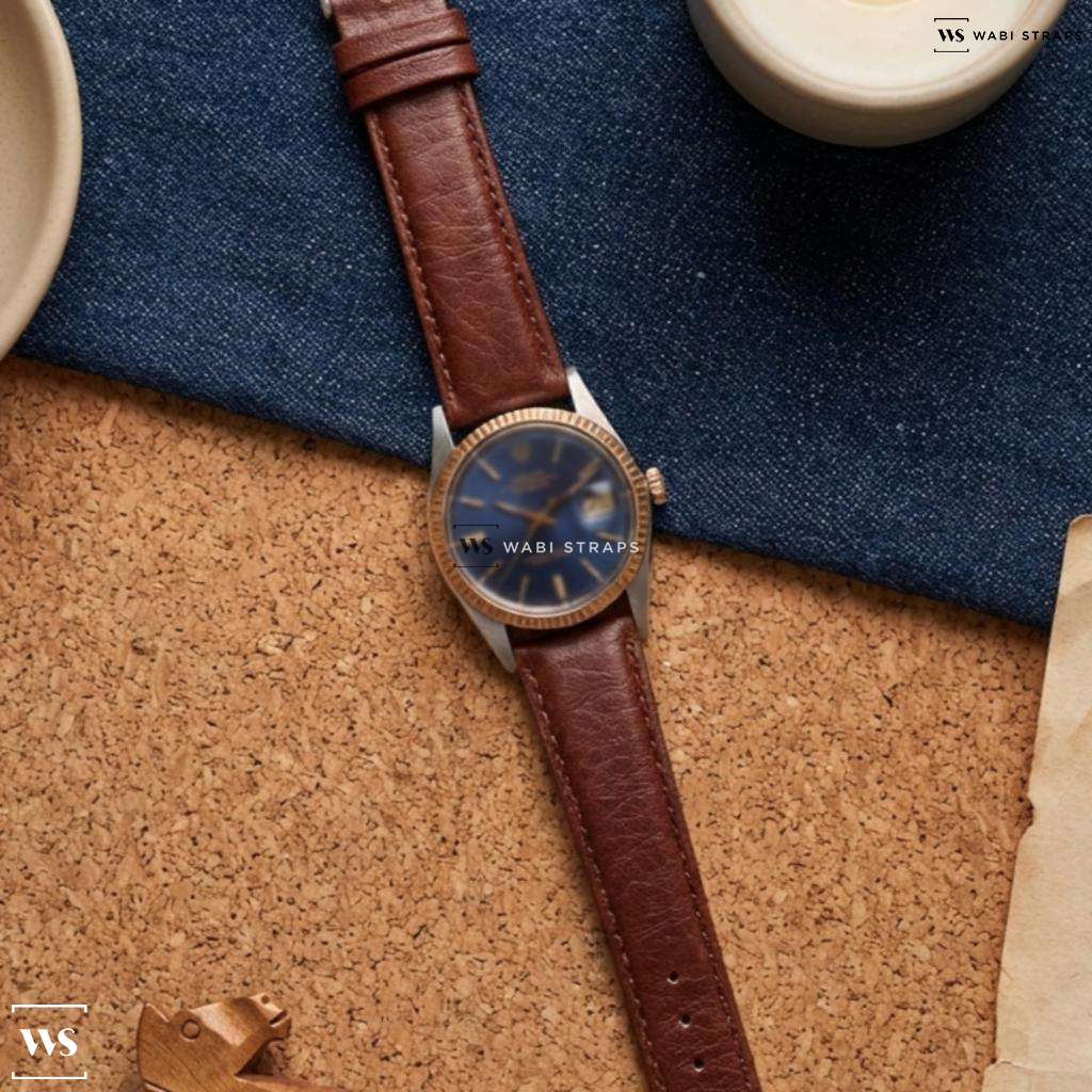 Brown/Silver Smooth Contrast Stitch Leather Watch Strap on Rolex Datejust Two Tone Blue Dial