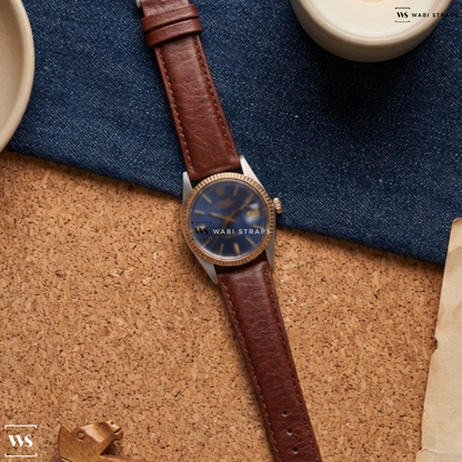 Brown/Silver Smooth Contrast Stitch Leather Watch Strap on Rolex Datejust Two Tone Blue Dial