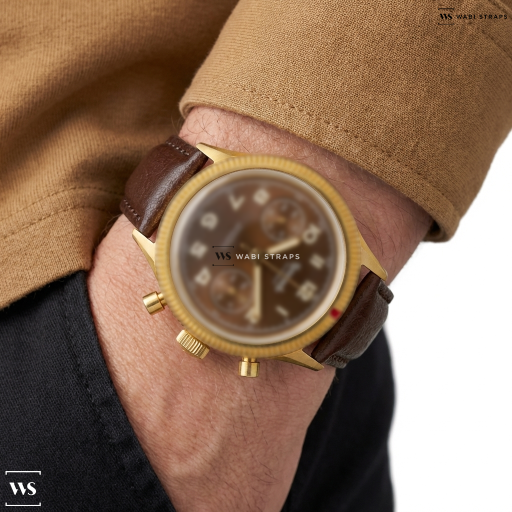 Brown/Silver Smooth Contrast Stitch Leather Watch Strap on Hanhart Bronze Revolution Watch