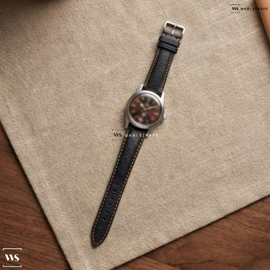 Black/Orange/Silver Smooth Contrast Stitch Leather Watch Strap on Vintage Tudor Small Rose Air Lion