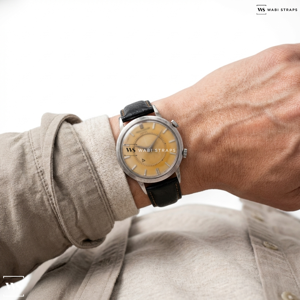 Black/Orange/Silver Smooth Contrast Stitch Leather Watch Strap on Jaeger Le Coultre Memovox Alarm