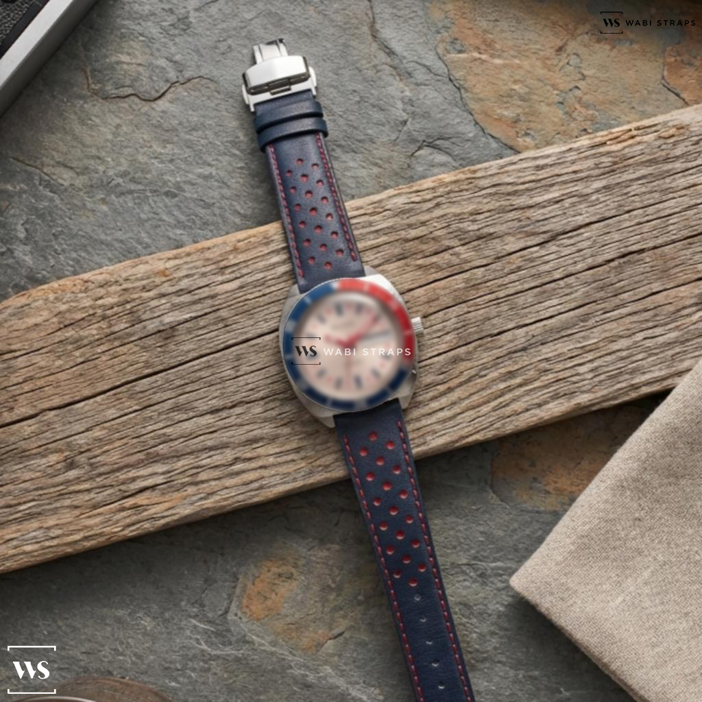 Black/Red/Silver Contrast Holes Leather Watch Strap on Bulova Racing Dial