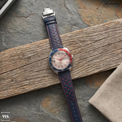 Black/Red/Silver Contrast Holes Leather Watch Strap on Bulova Racing Dial