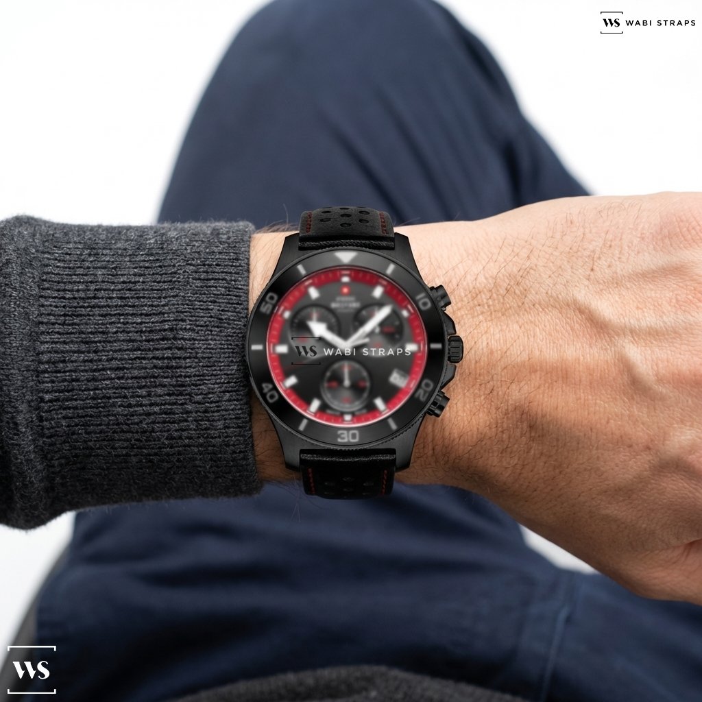 Black/Red/Silver Contrast Holes Leather Watch Strap on Swiss Military PVD By Chrono