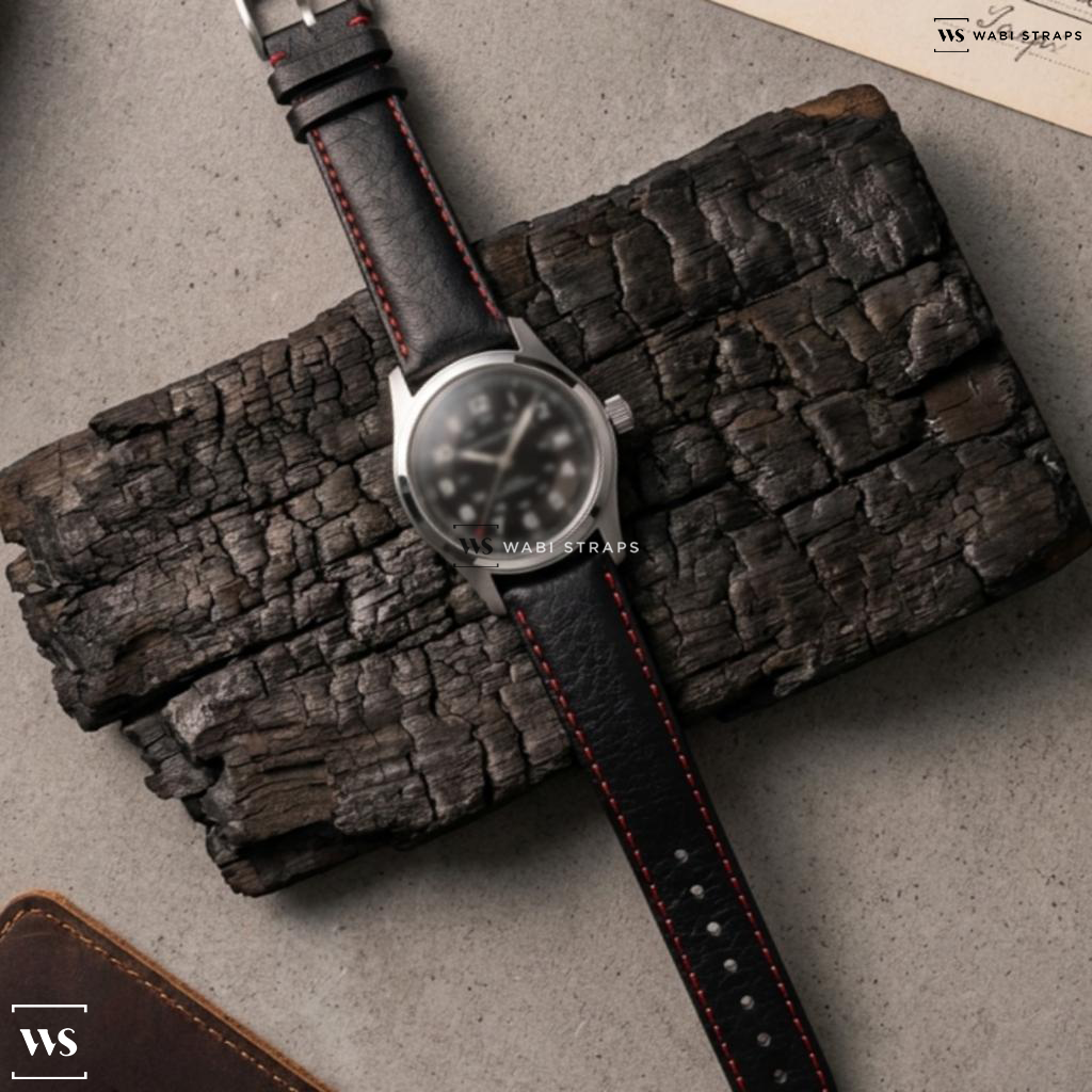 Black/Red/Silver Smooth Contrast Stitch Leather Watch Strap on Hamilton Khaki