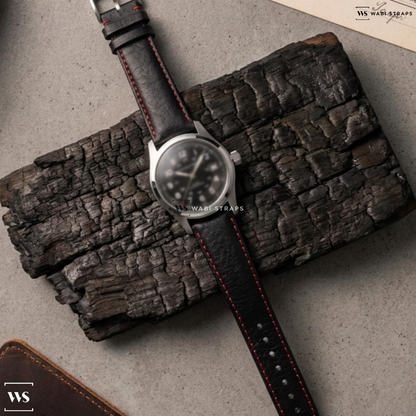 Black/Red/Silver Smooth Contrast Stitch Leather Watch Strap on Hamilton Khaki