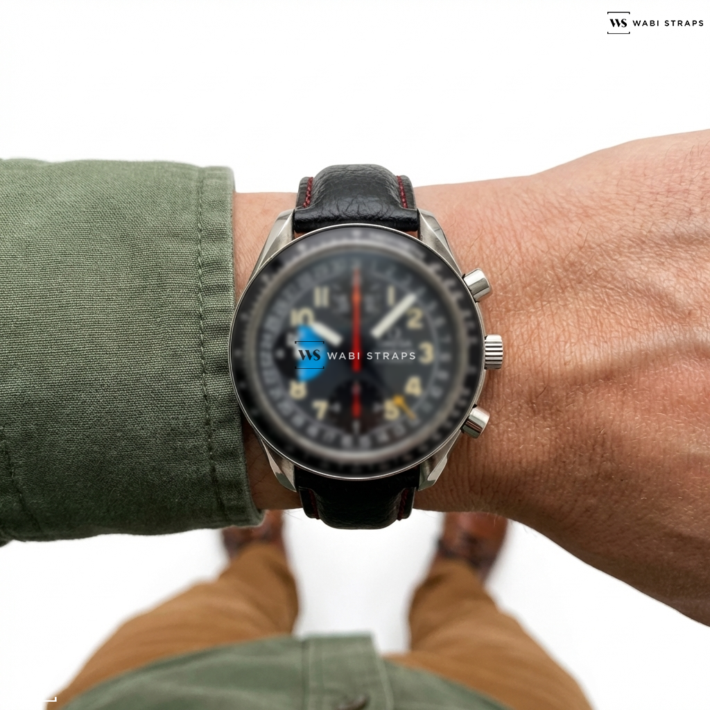 Black/Red/Silver Smooth Contrast Stitch Leather Watch Strap on Omega Speedmaster MK40