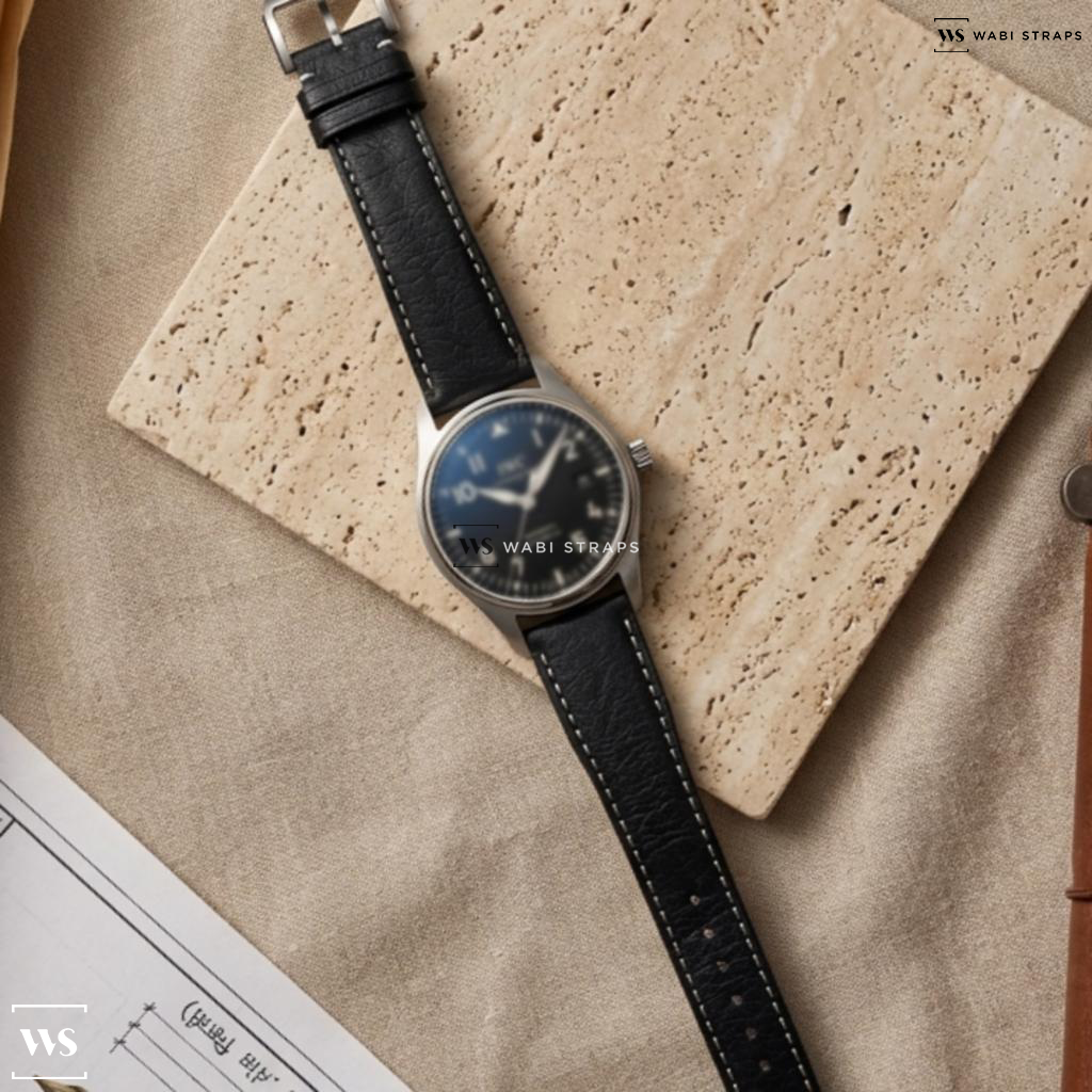 Black/White/Silver Smooth Contrast Stitch Leather Watch Strap on IWC Mark 16