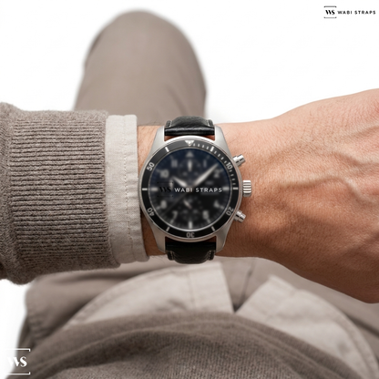 Black/White/Silver Smooth Contrast Stitch Leather Watch Strap on IWC Pilot Watch