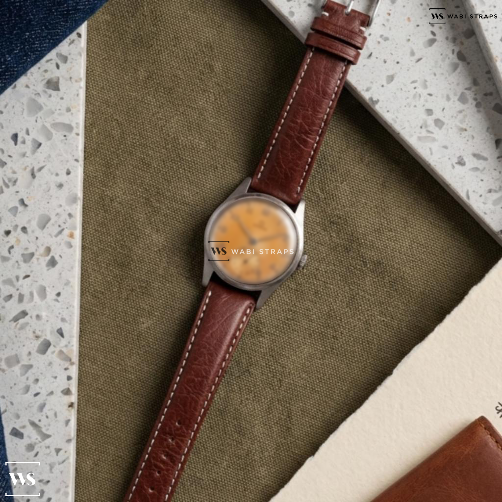 Brown/White/Silver Smooth Contrast Stitch Leather Watch Strap on Vintage Subsecond Omega