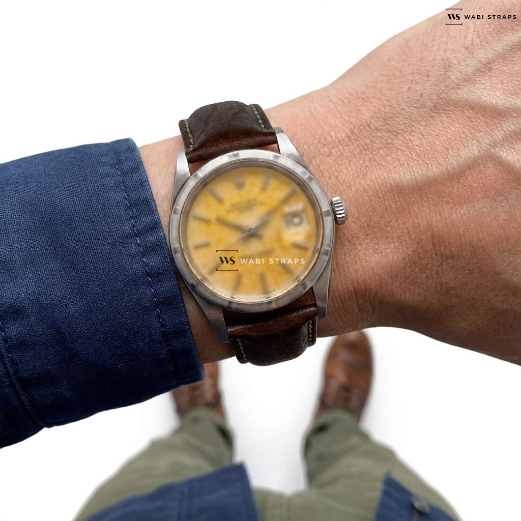Brown/White/Silver Smooth Contrast Stitch Leather Watch Strap on Vintage Rolex Date 1500
