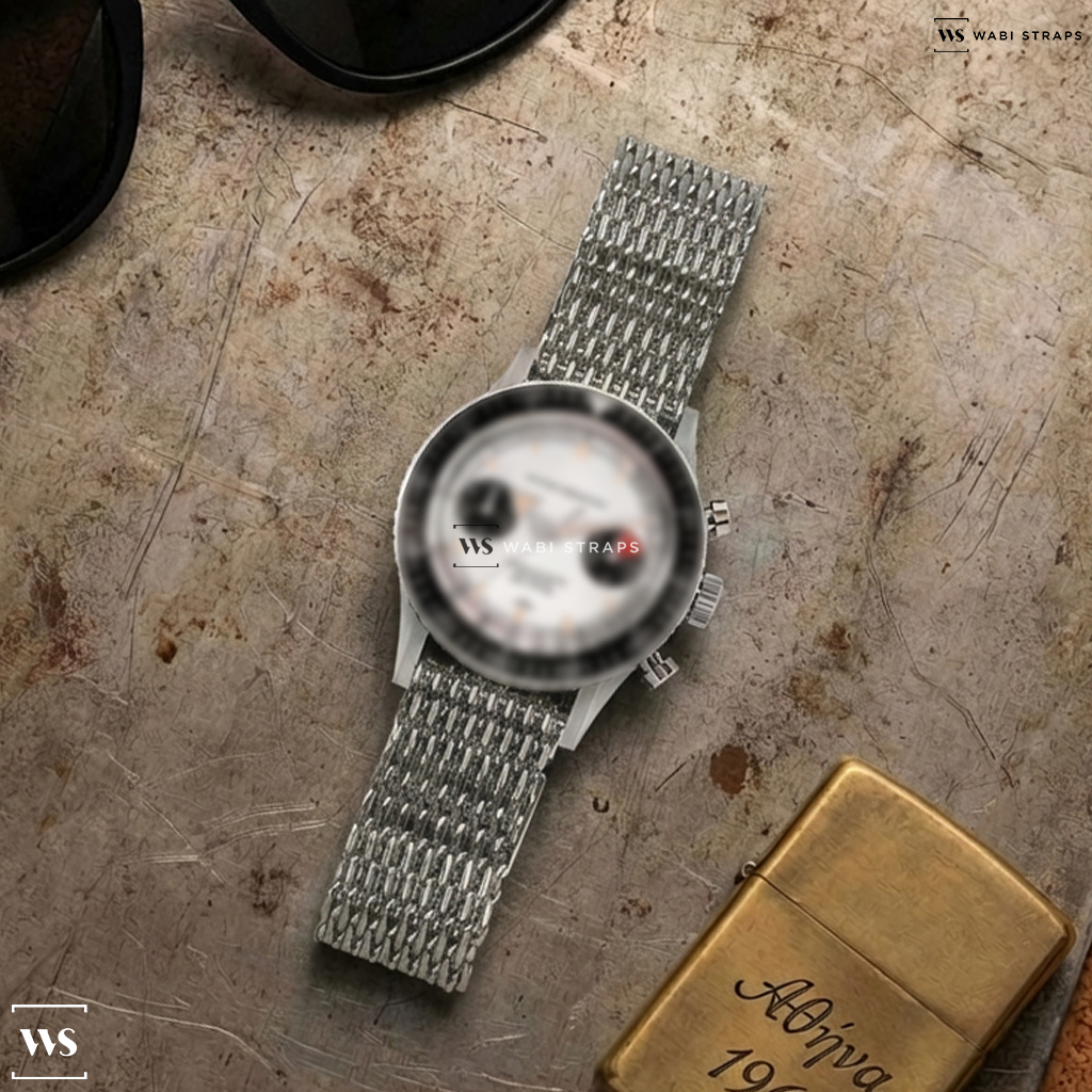 Silver Shark Mesh Metal Watch Bracelet on Nivada Grenchen Chronomaster Panda 38mm Mens Watch White 86010M02