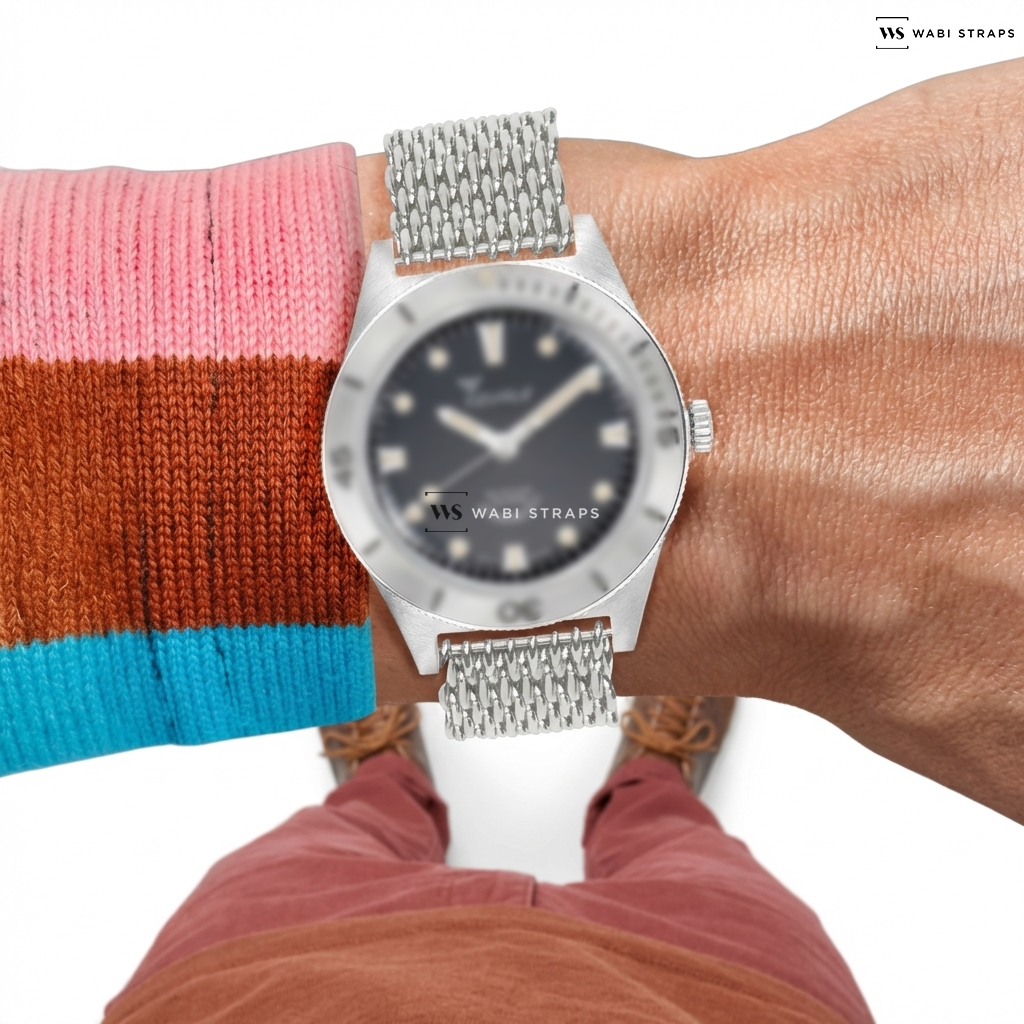 Silver Shark Mesh Metal Watch Bracelet on Super-Squale Sunray Black Leather