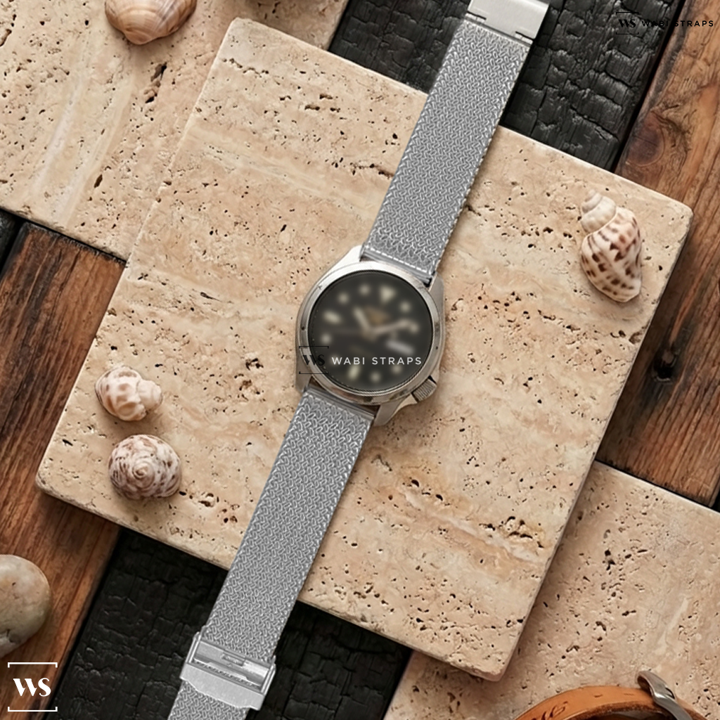 Silver Herringbone Mesh Metal Watch Bracelet on Seiko 5 Sports 24-Jewel Automatic Watch with Black Dial and SS Bracelet #SRPE57