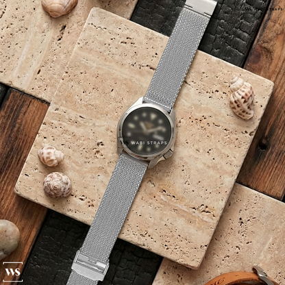 Silver Herringbone Mesh Metal Watch Bracelet on Seiko 5 Sports 24-Jewel Automatic Watch with Black Dial and SS Bracelet #SRPE57