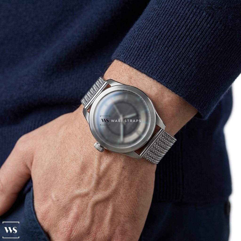 Silver Herringbone Mesh Metal Watch Bracelet on Christopher Ward C65 Sandstorm Chronometer