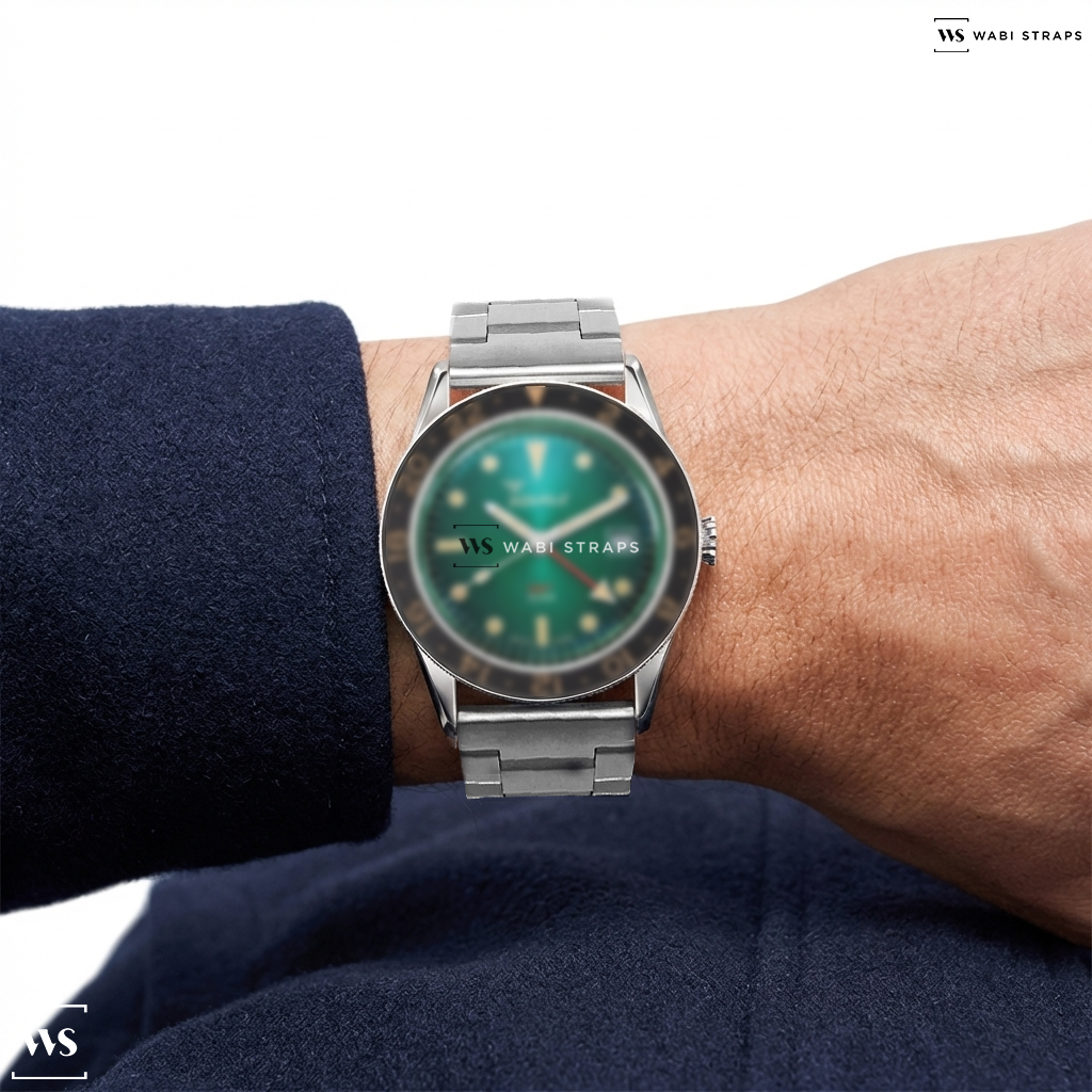 Silver Oyster Metal Watch Bracelet on Squale Sub-39 GMT Vintage Green Bracelet