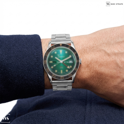 Silver Oyster Metal Watch Bracelet on Squale Sub-39 GMT Vintage Green Bracelet