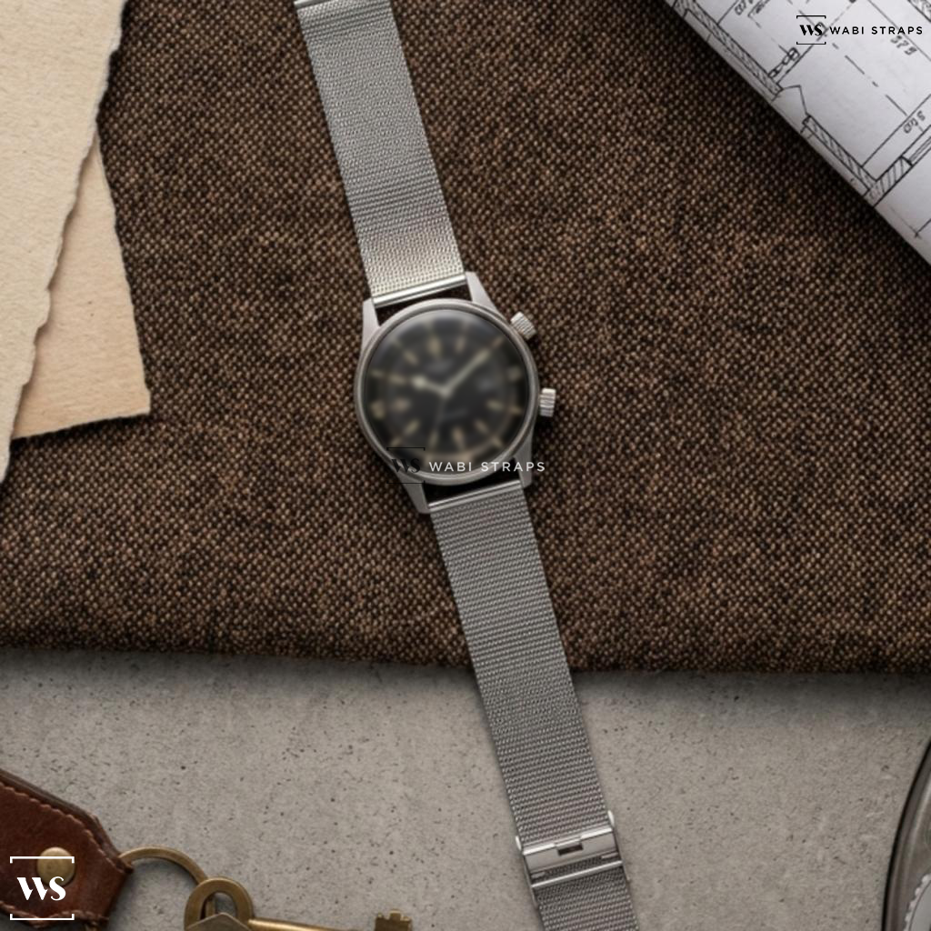 Silver Fine Metal Link Metal Watch Bracelet on Longines Skin Diver Snake Hand Reedition