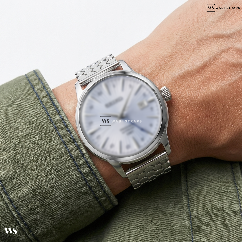 Silver Honeycomb Metal Watch Bracelet on Seiko Presage Cocktail Time GMT with Light Blue Dial