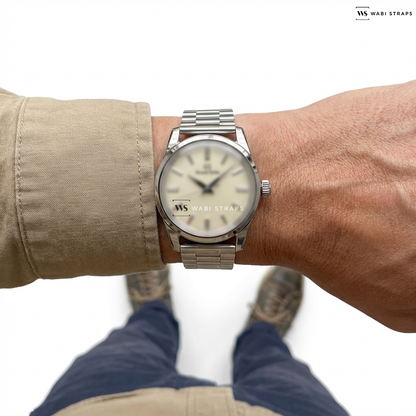 Silver President Metal Watch Bracelet on Grand Seiko Heritage 37mm Mens Watch Ivory SBGW301