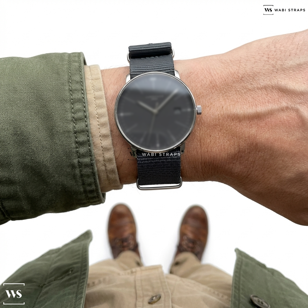 Grey/Silver Graphic Print Nylon Watch Strap on Junghans Max Bill Mega