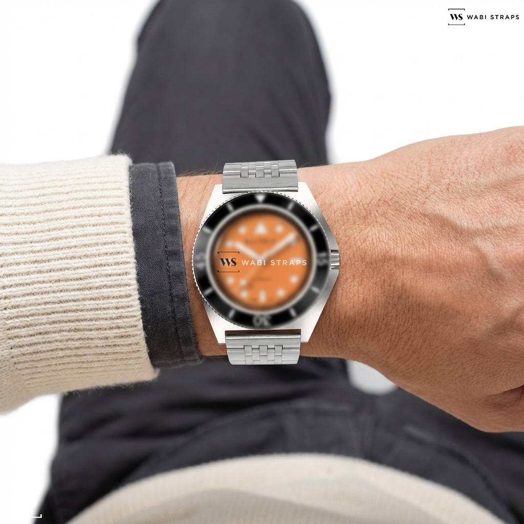 Silver 7-Link Jubilee Metal Watch Bracelet on Bausele Endless Sunrise | TANGERINE SUN